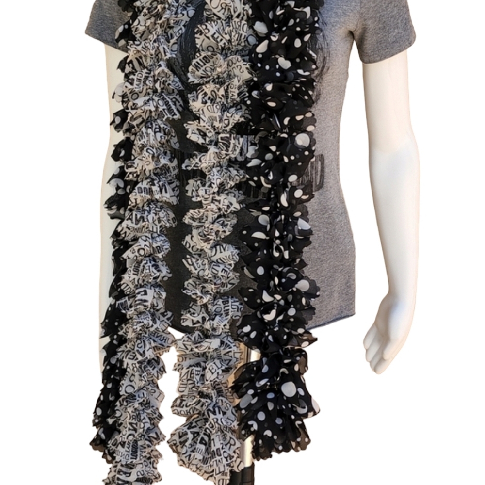 Vintage Handmade Chiffon Pom Pom Scarf Two Scarves Shreds Polka Dots US Cities - Picture 12 of 16